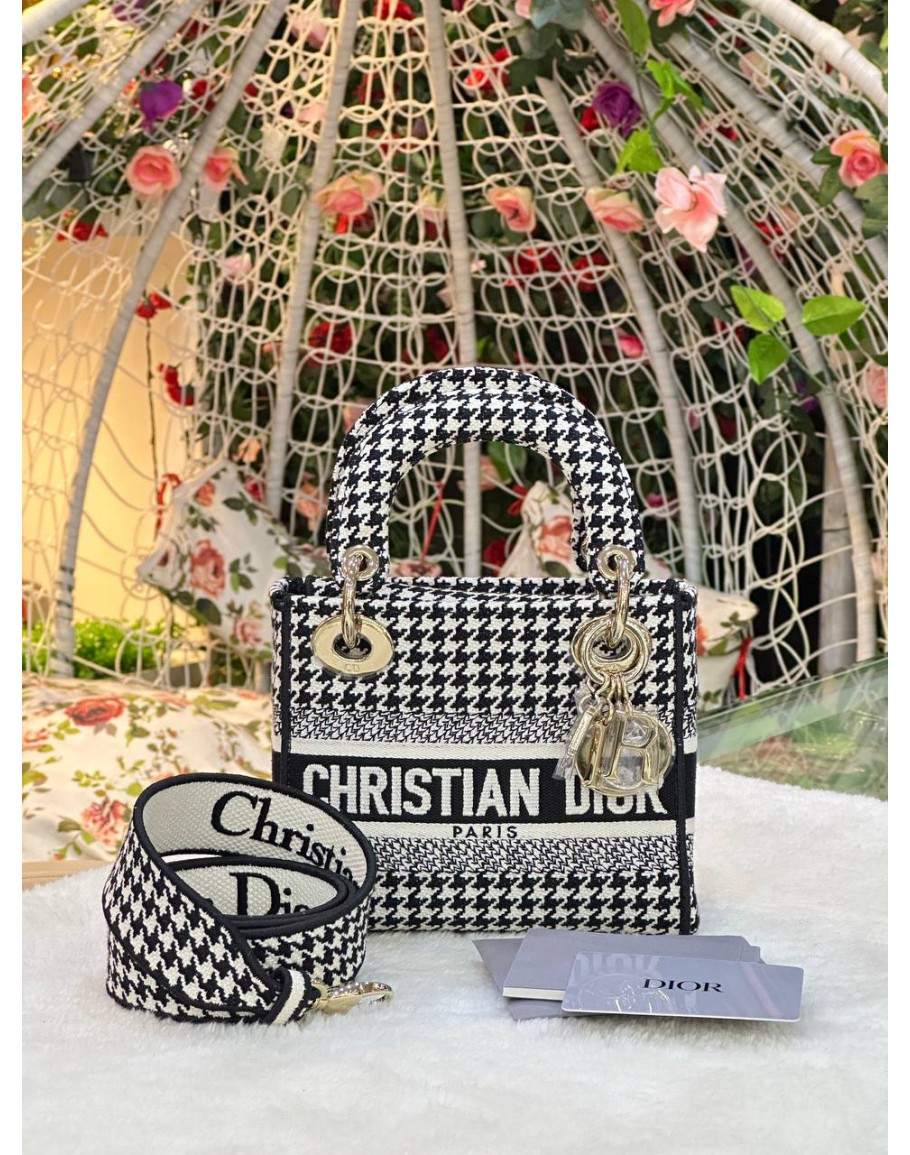 CHRISTIAN DIOR MINI LADY DIOR D-LITE HANDLE HANDBAG HOUNDSTOOTH